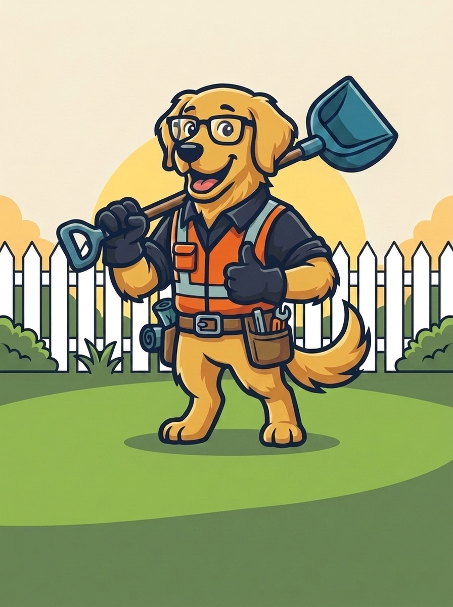 Golden Scoops mascot in a tidy backyard